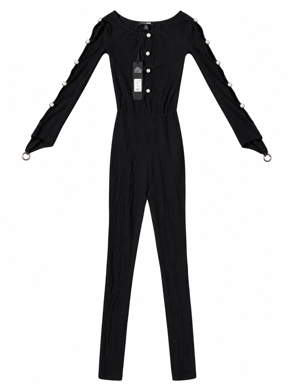 Fashion Nova Black Long-Sleeve Jumpsuit with Pearl Trim